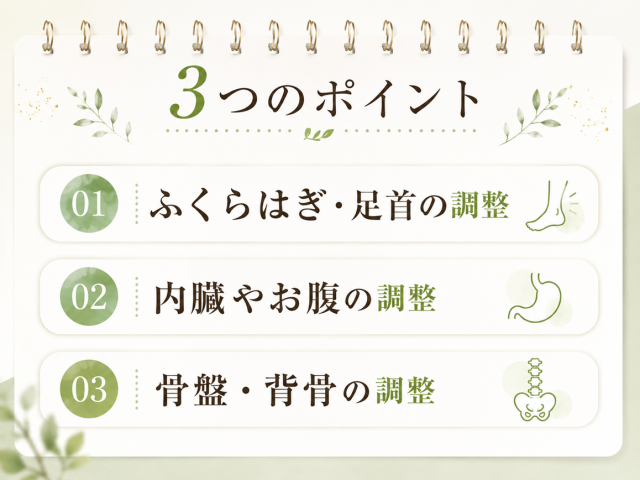 腰痛　改善ポイント　ふくらはぎ・足首・内臓・骨盤の歪み